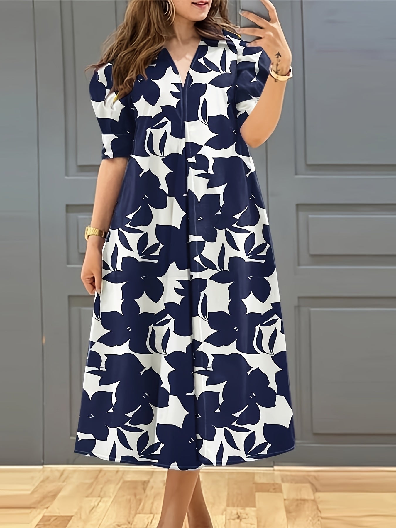 Women's Elegant V-Neck Floral Print Maxi Dress with Pockets